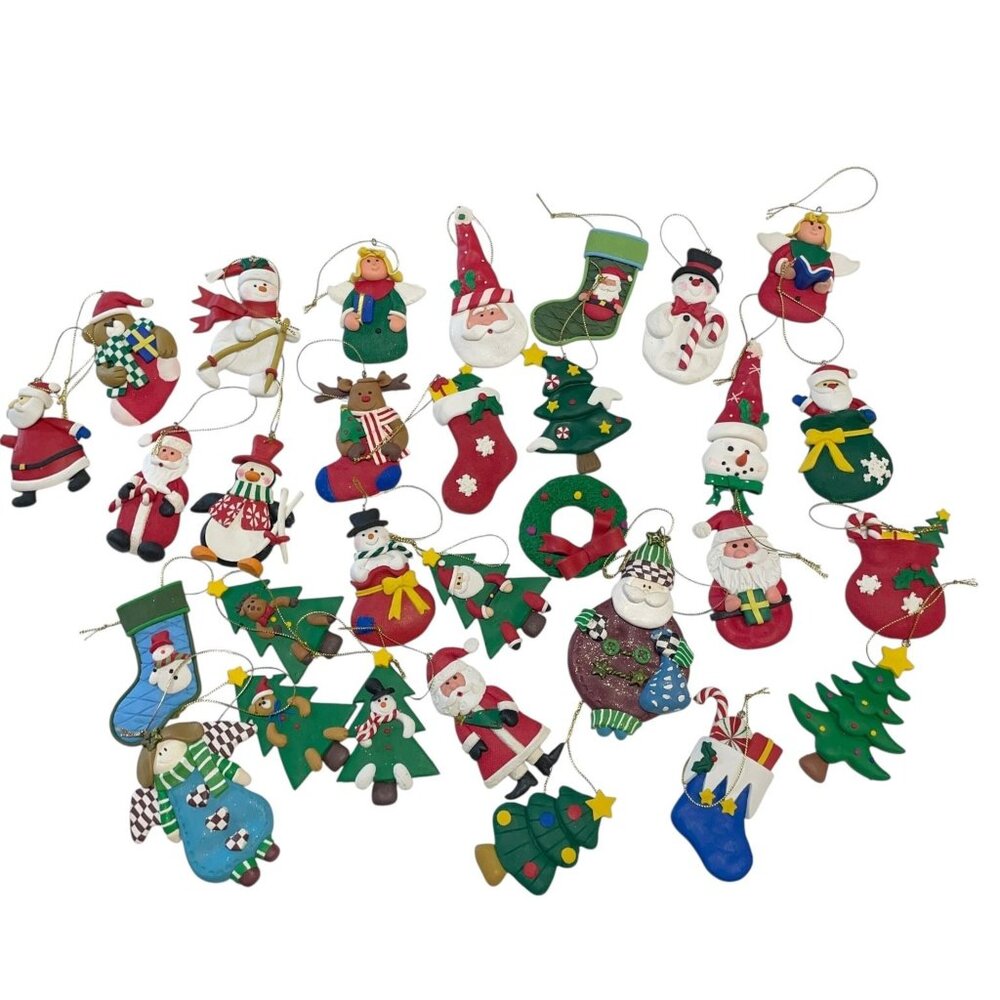 Vintage Handmade Clay Christmas Ornament‎ Set Multicolor Santa Snowman Angel